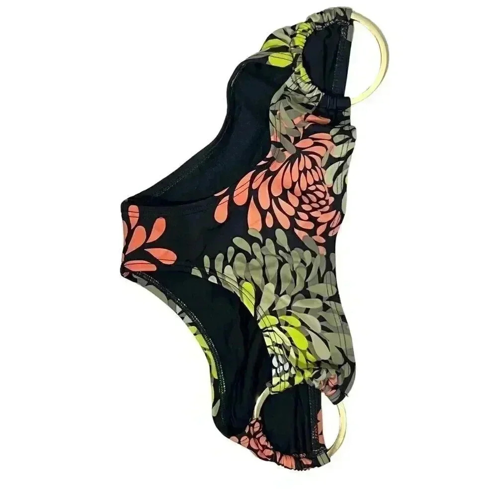 L*Space Black Floral Pattern Bikini Small Bottom Large Top View 2
